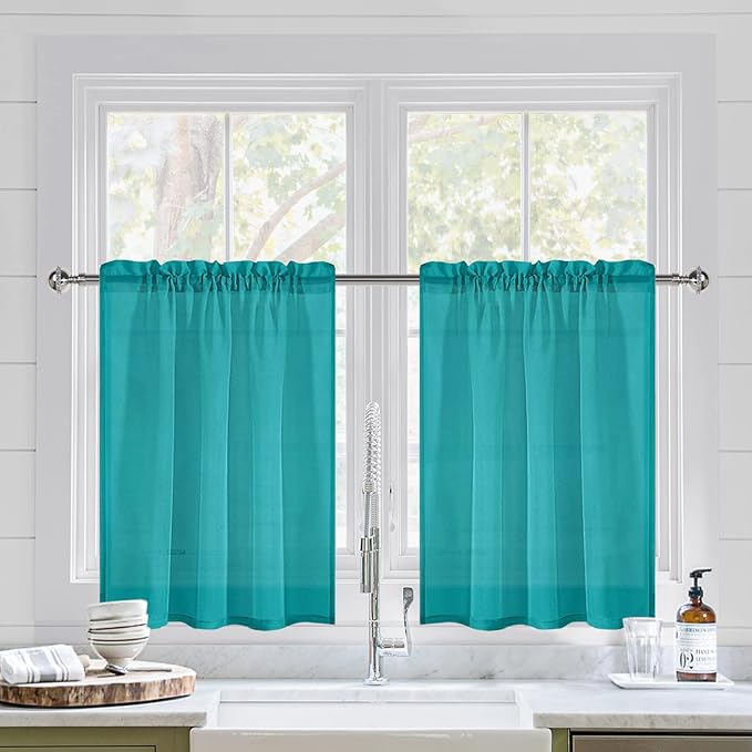 DWCN Turquoise Sheer Curtains for Kitchen Windows by DWCN