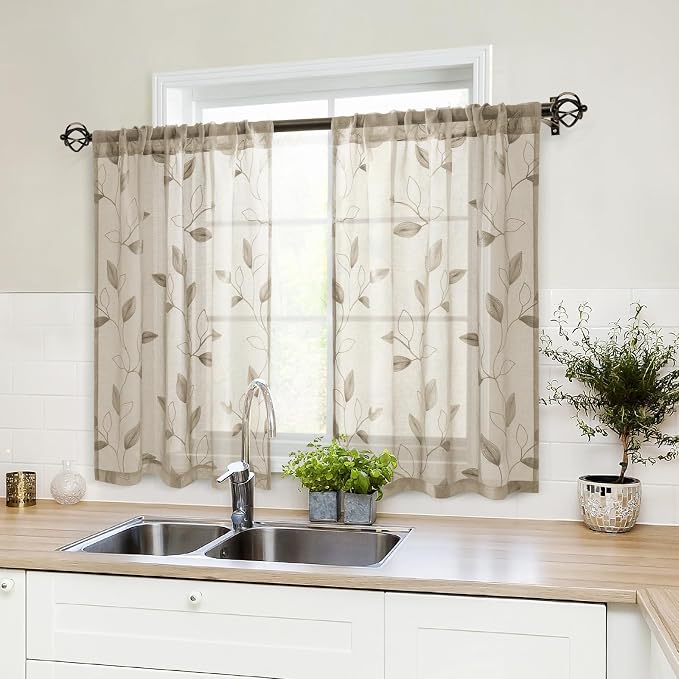 HOMEIDEAS Taupe Sheer Kitchen Curtains 30 X 36 Inch Length 2 Panels Beige - Image 4