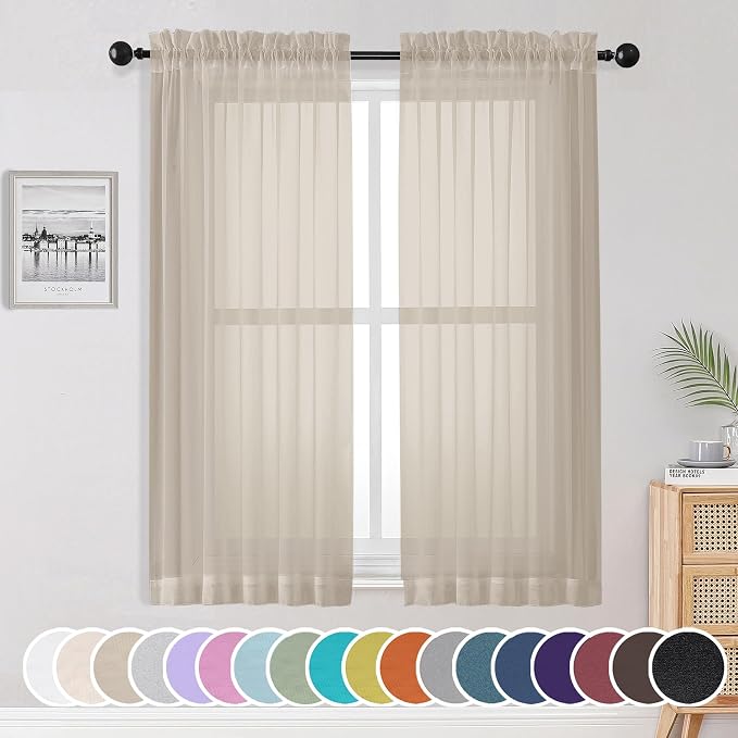 OWENIE Sheer Curtains 63 inch Length 2 Panels Set, Light Weight Soft Solid by OWENIE