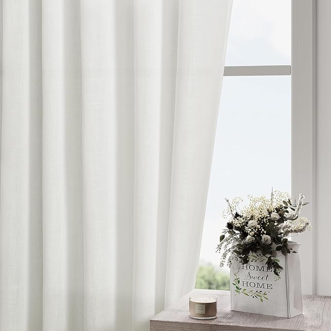Off White Linen Sheer Curtains 102 Inches 2 Panels Set Back Tab Rod Pocket - Image 2