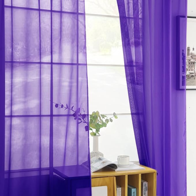 youleyar Solid Sheer Rod Pocket Curtain Voile Draperies 2 Panels White Beige - Image 4