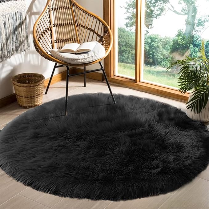 Goolela Black Round Area Rug 6ft Fluffy Fuzzy Circle Rug - Image 2