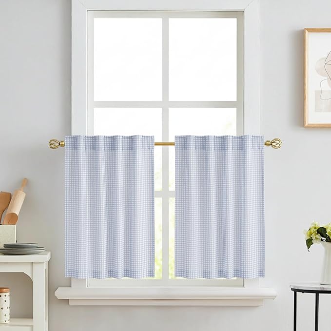 RYB HOME Checkered Cafe Curtains 24 inch Length, Linen Gingham Small Window - Image 8