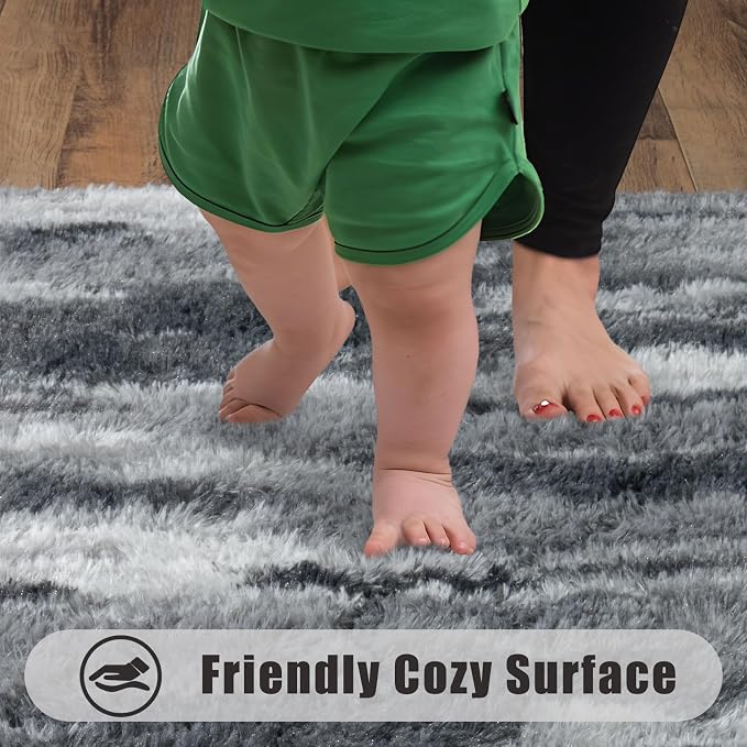 Soft Runner Rugs for Bedroom Hallways, 2x5 Abstract Grey Fluffy Shag Throw Area - Image 4