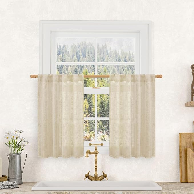 LAMIT Linen Kitchen Curtains 30 Inch Length, Semi Sheer Light Filtering Window by LAMIT