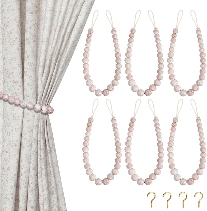 Hion 6 Pcs Boho Curtain Tiebacks, Wood Beads Curtain Holdbacks, Outdoor by Hion