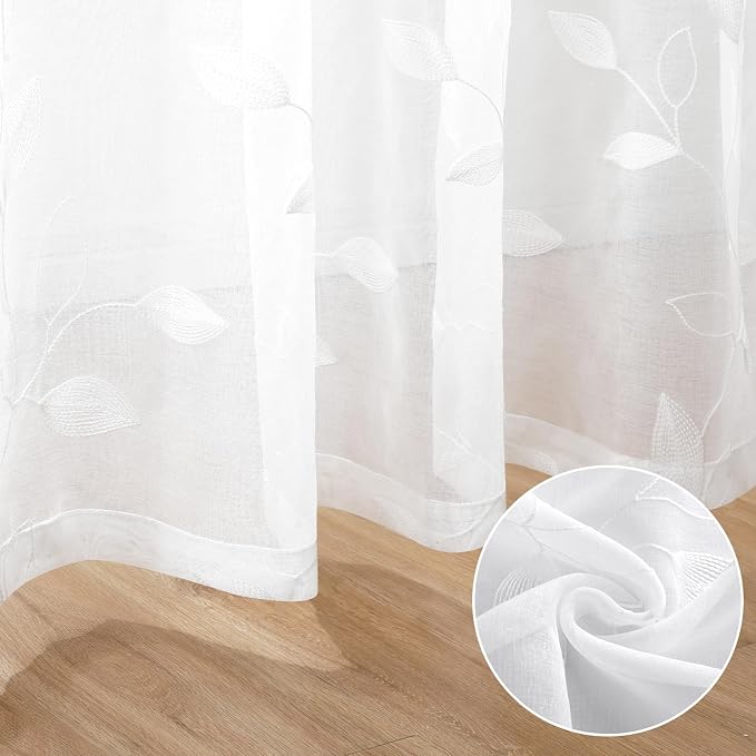 HOMEIDEAS White Sheer Kitchen Curtains 52 x 45 Inch Length 2 Panels Embroidered - Image 7