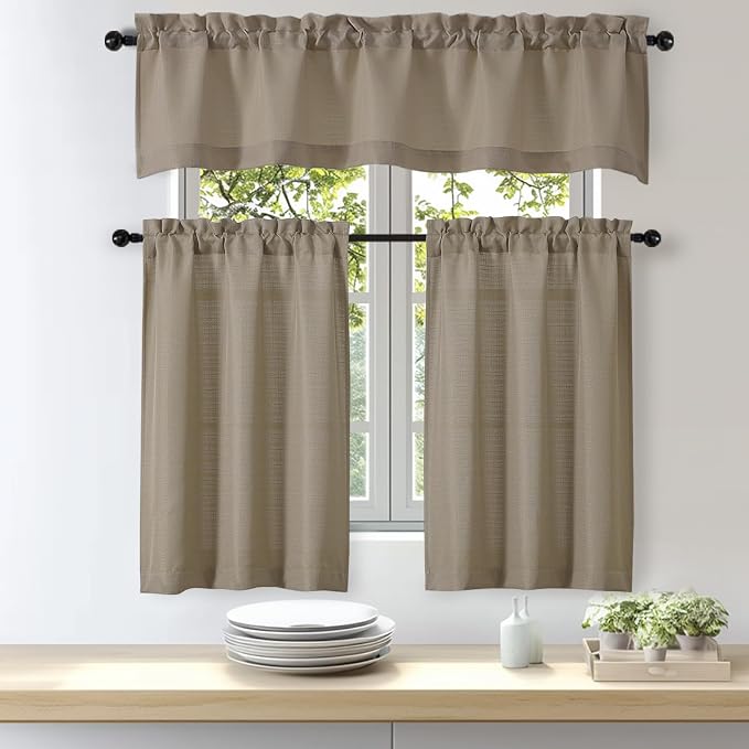OWENIE Bob Valance Curtains 18 Inch Length 1 Piece, Faux Linen Slub Solid Stone - Image 8
