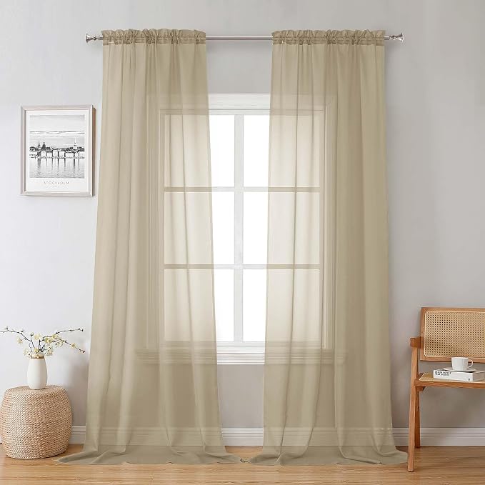 Lecloud Taupe Sheer Curtains 96 Inches Long 2 Panels, Modern Voile Solid by Lecloud