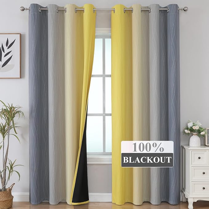 Estelar Textiler Yellow and Gray Blackout Curtains 96 Inches Long, Ombre - Image 2