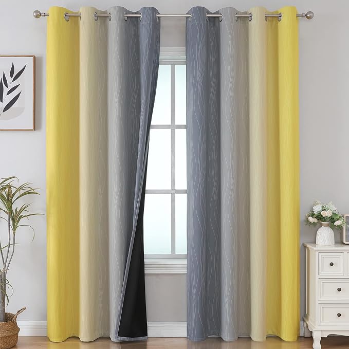 Estelar Textiler Yellow and Grey Blackout Curtains 102 Inch Length 2 Panels Set by ESTELARTEXTILER