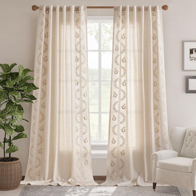 jinchan Belrose Linen Curtains for Bedroom Floral Curtains 108 Inch Length - Image 2