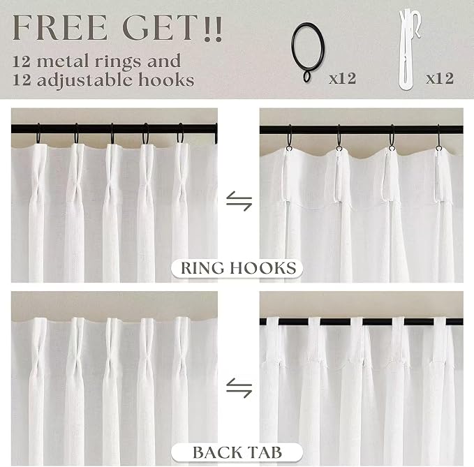 Beige White Pinch Pleated Linen 102 Inch Curtains 60 Inch Width | Linen Blend - Image 4
