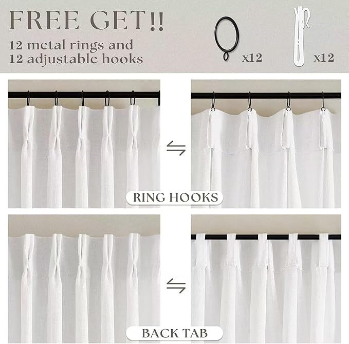 Beige White Pinch Pleat Semi Sheer Linen Curtain W70xL120 1 Panel | Light - Image 4