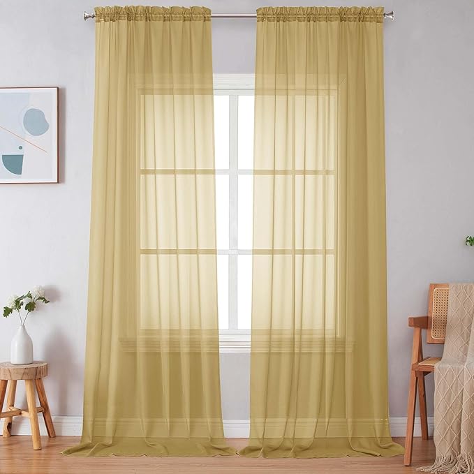 Simplebrand Gold Sheer Curtains 120 Inches Long, Extra Long Rod Pocket Solid by Simplebrand