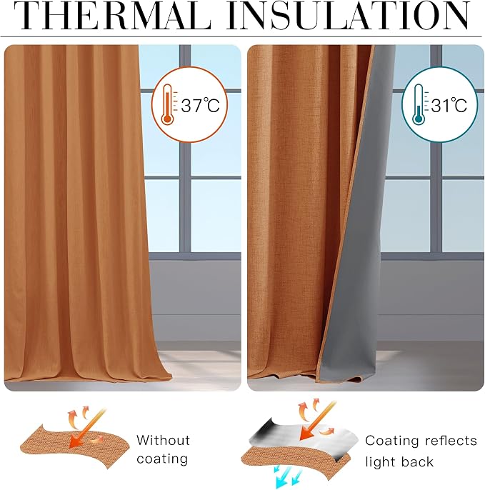 RYB HOME Burnt Orange Total Blackout Curtains Linen Texture, Rustic Fall - Image 6