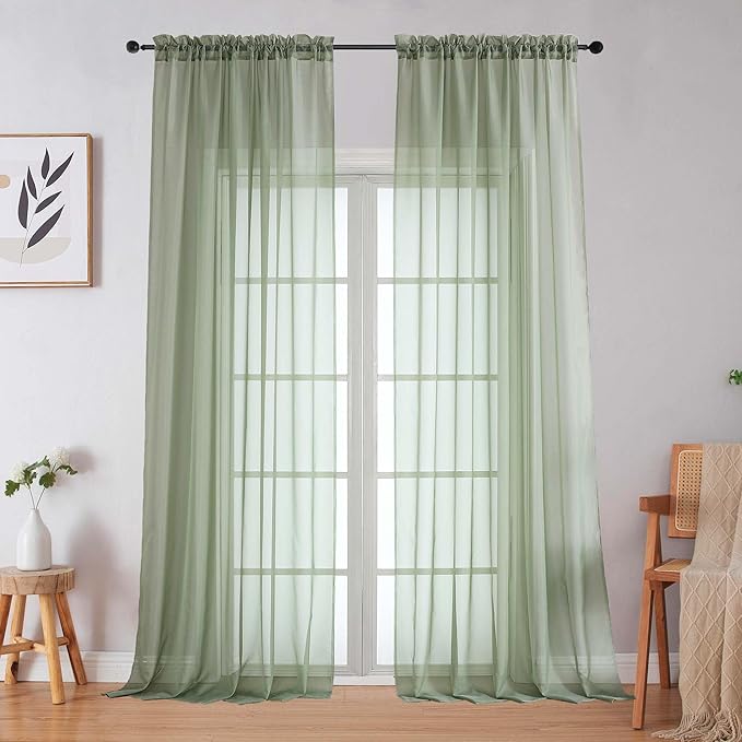 Sage Green Sheer Curtains for Bedroom Living Room 96 Inches Long 2 Panels by WelvetBLK