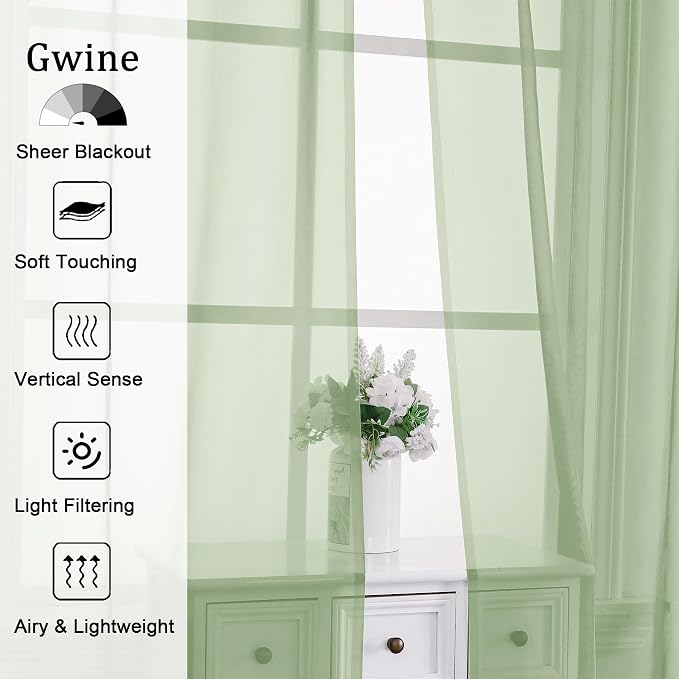 Gwine Light Green Sheer Curtains 63 Inch Length - Image 2