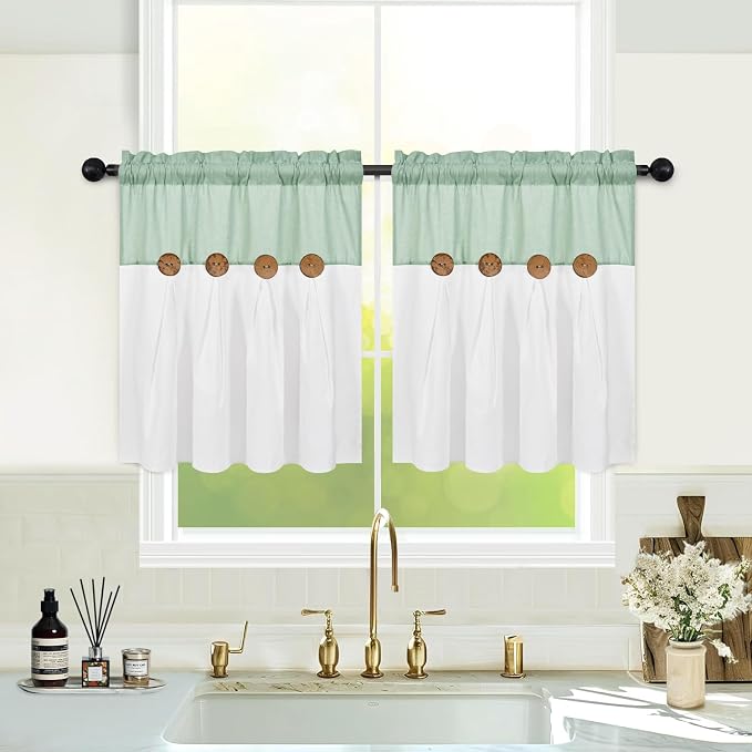 FRAMICS Boho Kitchen Curtains 24 Inch Length, Farmhouse Cotton Linen Tier by FRAMICS