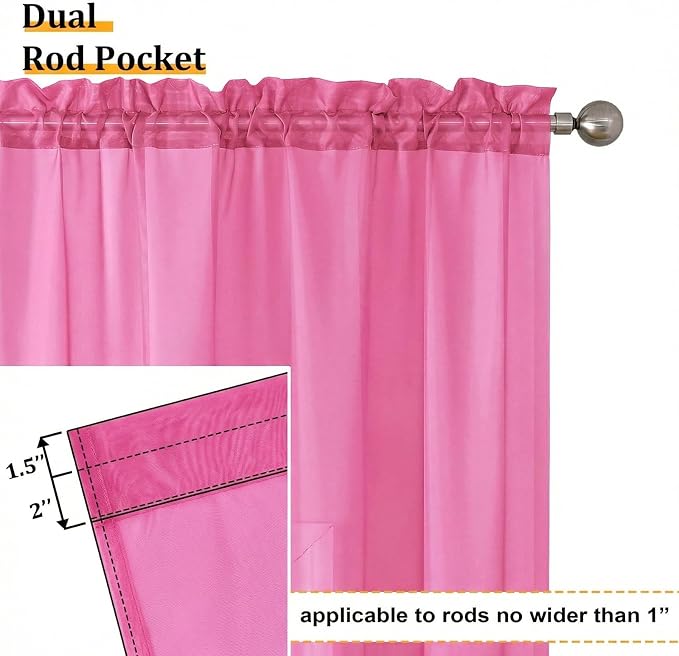 Aiyufeng Hot Pink Sheer Curtains 63 Inch Length 2 Panels Set - Image 3