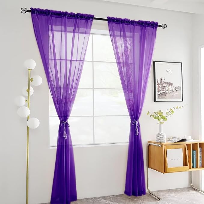 youleyar Solid Sheer Rod Pocket Curtain Voile Draperies 2 Panels White Beige - Image 2
