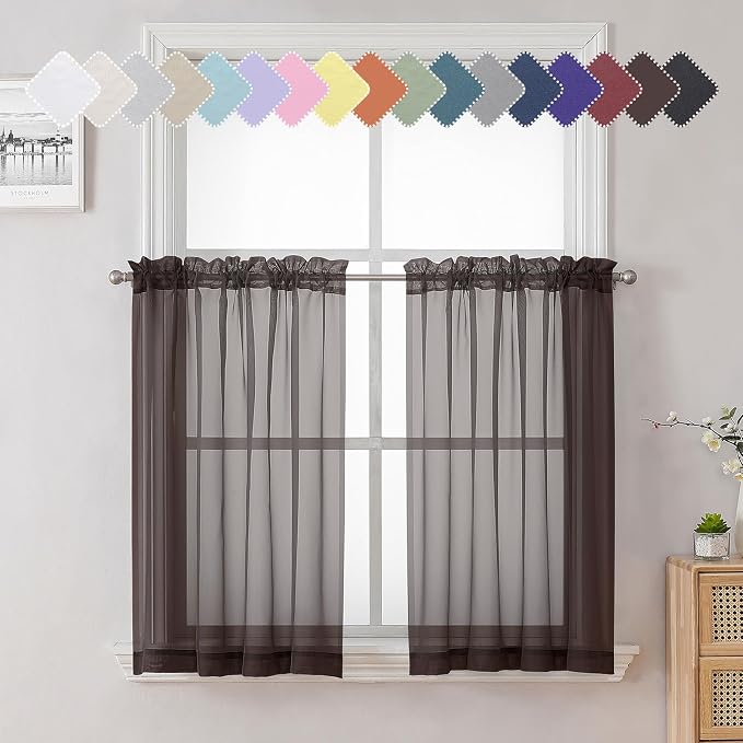 Lecloud Chocolate Sheer Curtains 36 Inch Length 2 Panels, Solid Voile Small by Lecloud