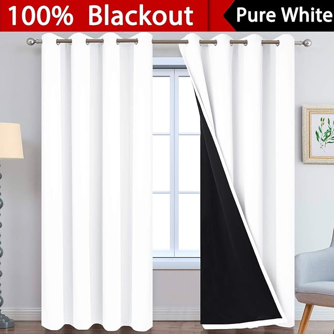 Yakamok Pure White 100% Blackout Curtains, 2 Thick Layers Completely Blackout - Image 2