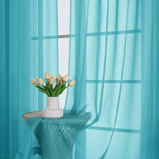 OVZME Turquoise Sheer Curtains 63 Inches Long 2 Panels Set, Light Filtering - Image 6
