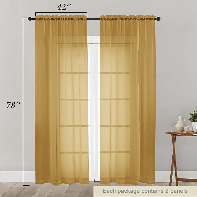 Gold Sheer Curtain for Bedroom Living Room 78 Inches Long 2 Panels Set - Image 2