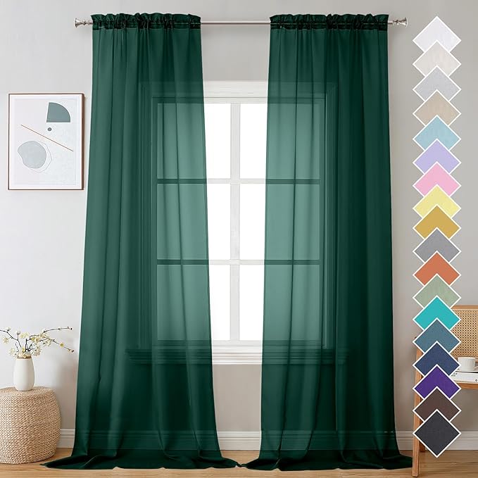 OVZME Hunter Green Sheer Curtains 96 Inches Long 2 Panels by OVZME