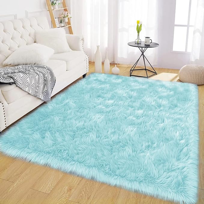 Latepis Light Blue Rugs for Living Room 6x8 Faux Sheepskin Fur Rug Washable - Image 7