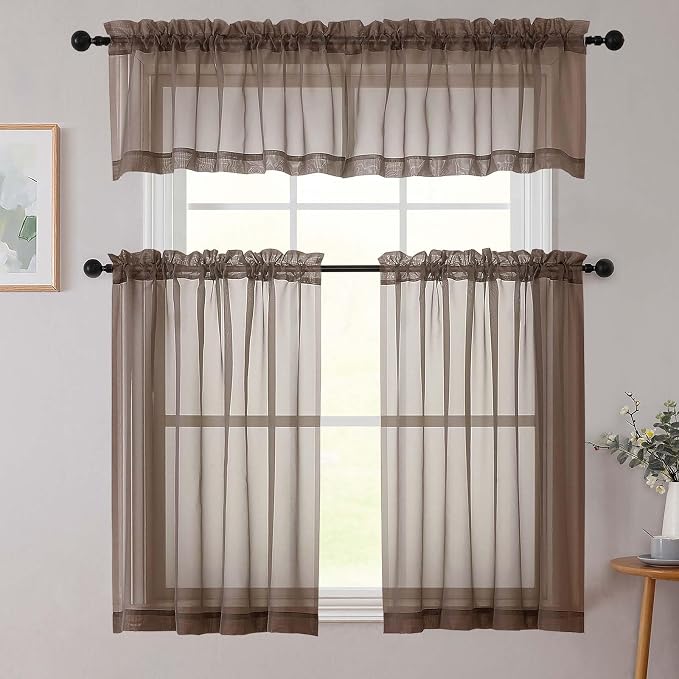 Kitchen Curtains 24 Inch Length Tier 2 Pieces, Chocolate Sheer Curtain Solid - Image 8