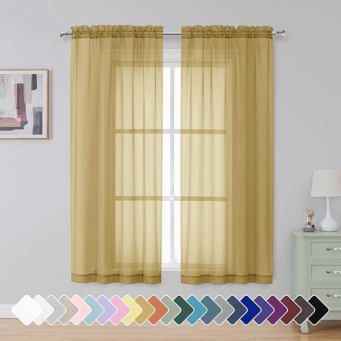 Simplebrand Gold Sheer Curtains 63 Inch Length 2 Panels, Rod Pocket Solid Color by Simplebrand