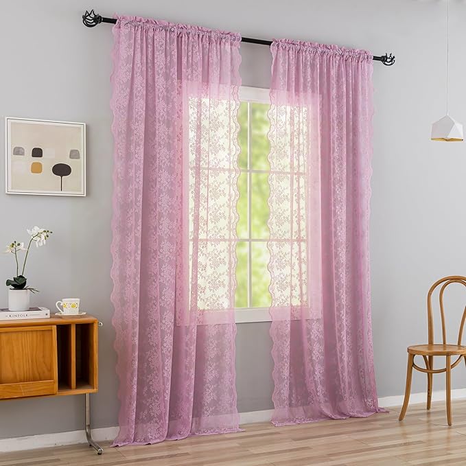 YJ YANJUN Vintage Lace Curtains 108 Inch Long-Victorian Floral Pattern Lilac - Image 2