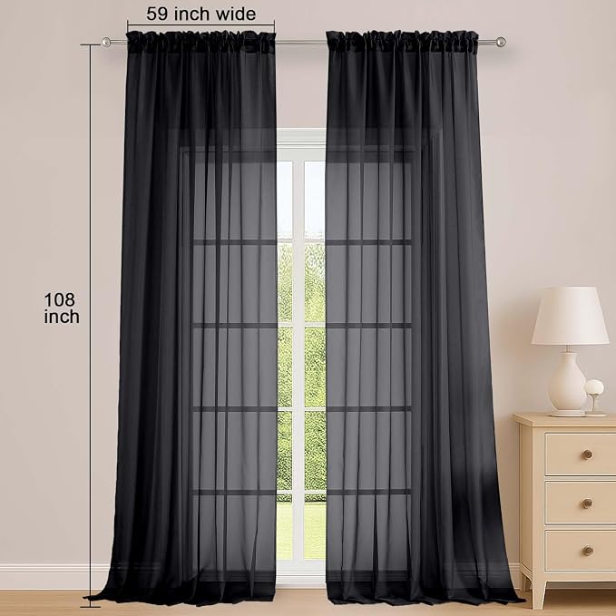 OWENIE Black Sheer Curtains 108 Inches Long - Image 2