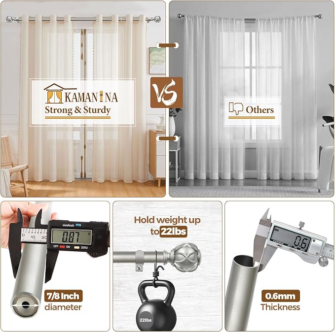 KAMANINA Silver Curtain Rods for Windows 72 to 144 Inches Long Heavy Duty - Image 6