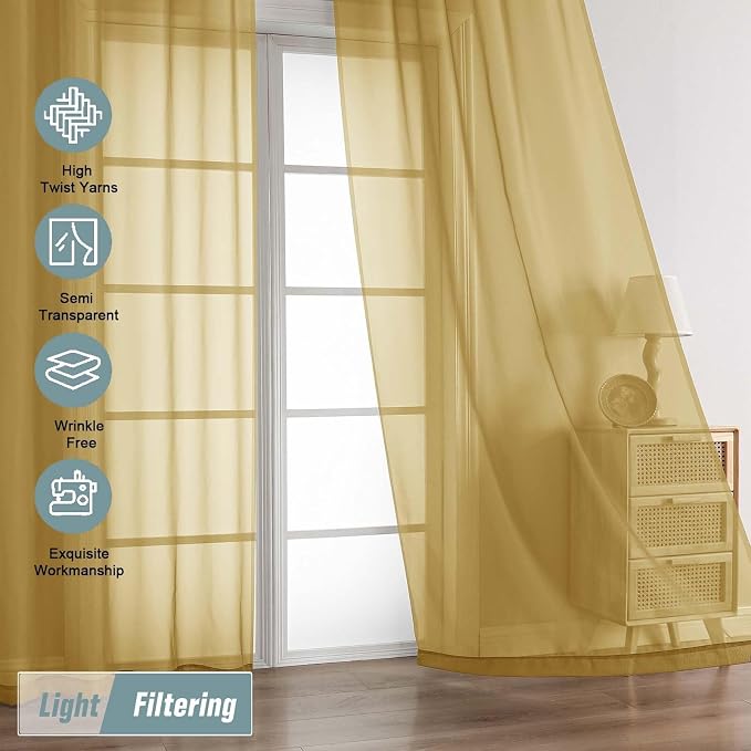 Gold Sheer Curtains 90 Inches Long 2 Panels, Light Filtering Solid Sheer - Image 5