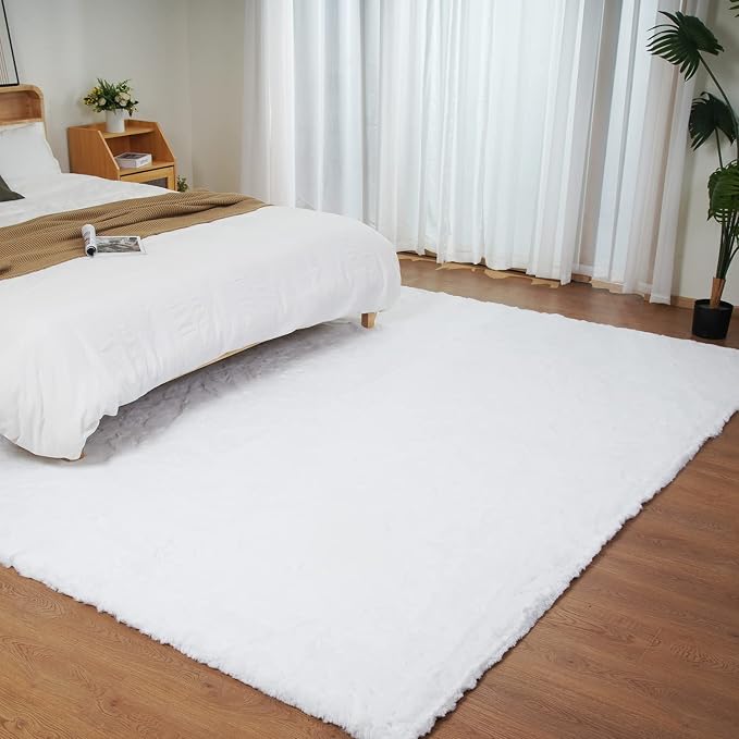 Ghouse White Faux Rabbit Fur Rug 6x9 Machine Washable Area Rugs - Image 2