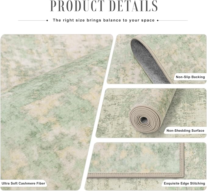 2x5 Washable Runner Rug：Modern Abstract Soft Carpet Green Cream | - Image 5