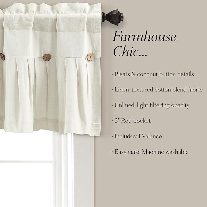 Lush Decor Linen Button Farmhouse Valance Curtians 52"W x 18"L Off White - Image 6