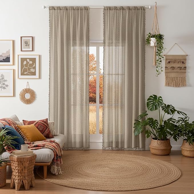 WAZZIO Boho Lace Curtains 84 Inches 2 Panel, Light Filtering Privacy Tassel & - Image 3