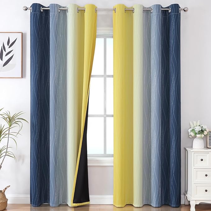 Estelar Textiler Navy Blue and Yellow Gradient Blackout Curtains by ESTELARTEXTILER