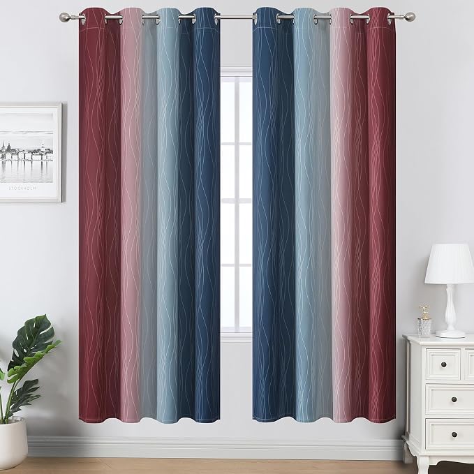 Estelar Textiler Navy Blue and Burgundy Red Ombre Blackout Curtains - Image 2