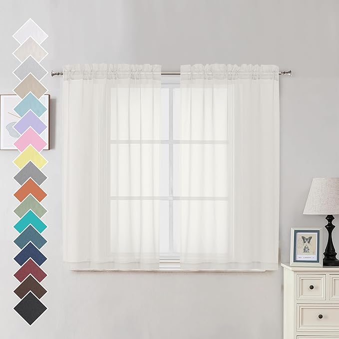 OVZME Sheer Curtains Ivory 45 inches Long Kitchen Curtains, Rod Pocket Clean by OVZME