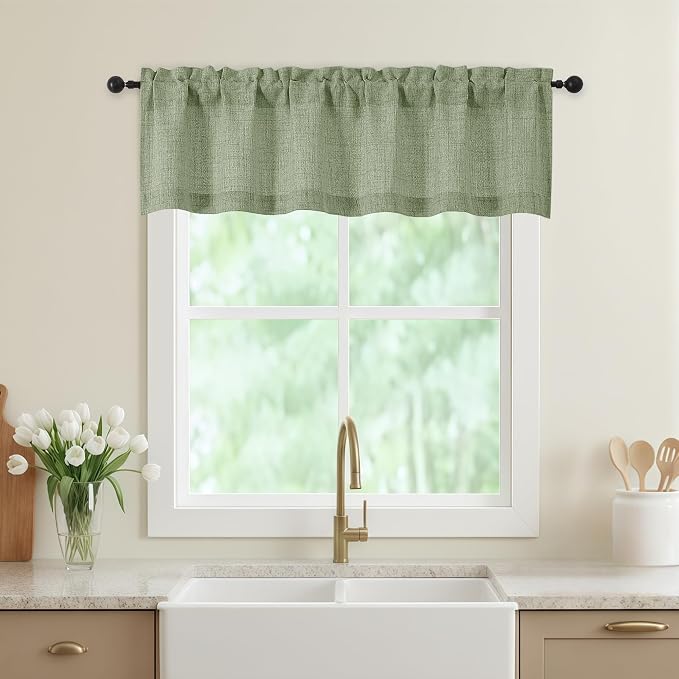Sage Green Valances for Windows, Light Filtering Faux Linen Textured Small by WelvetBLK