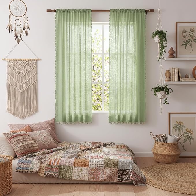 WAZZIO Boho Lace Curtains 63 Inches 2 Panel, Light Filtering Privacy Tassel & by WAZZIO