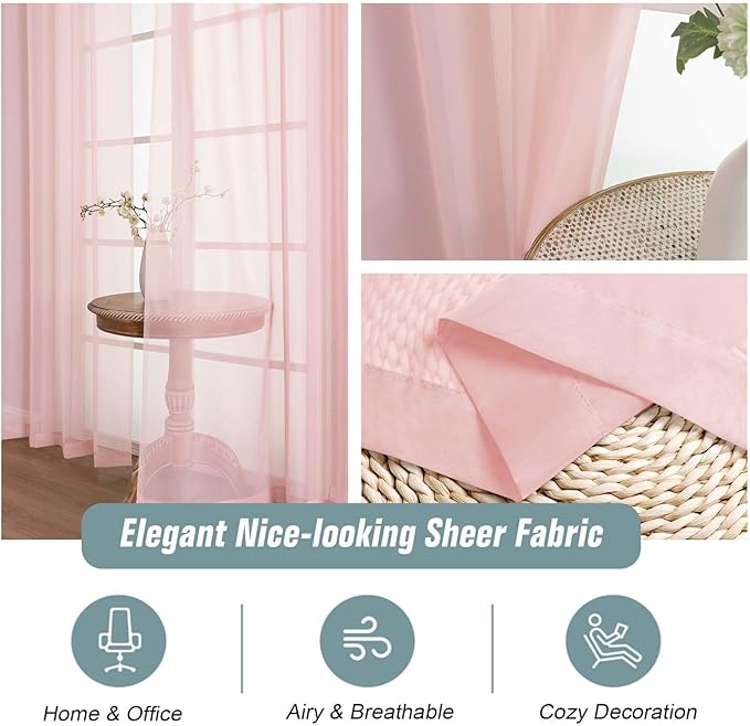Blush Sheer Curtains 63 Inch Length 2 Panels, Voile Sheer Curtain - Image 4