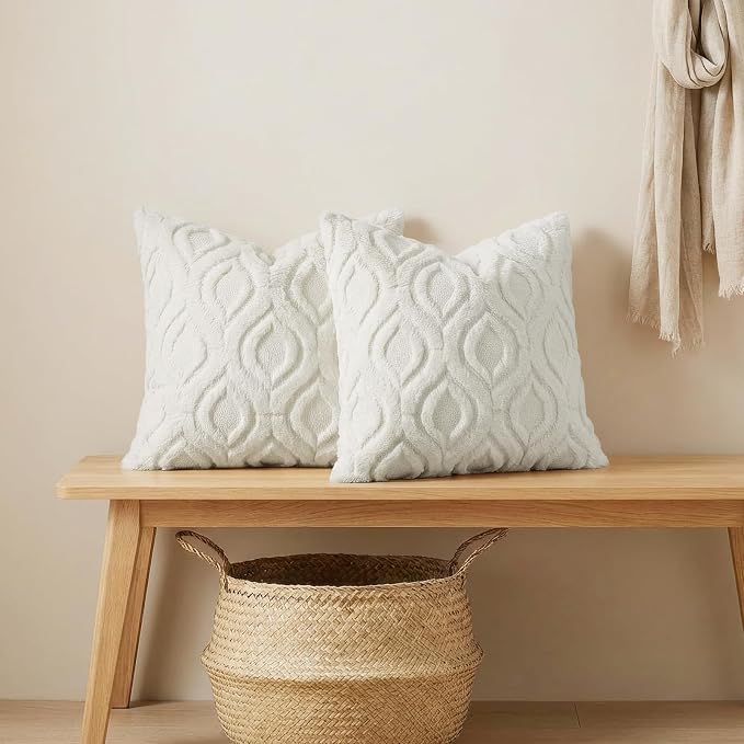 decorUhome Throw Pillow Covers 12x20 Inch Set of 2, Soft Plush Faux Wool Cream - Image 4
