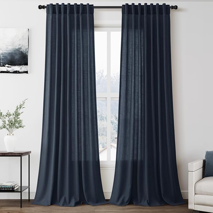 Nanspring Vintage Blue Linen Curtains 108 Inches Long by Nanspring