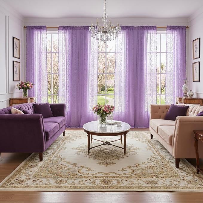 WAZZIO Boho Lace Curtains 84 Inch 2 Panels -Sheer Panel Drape Floral Pattern & - Image 4